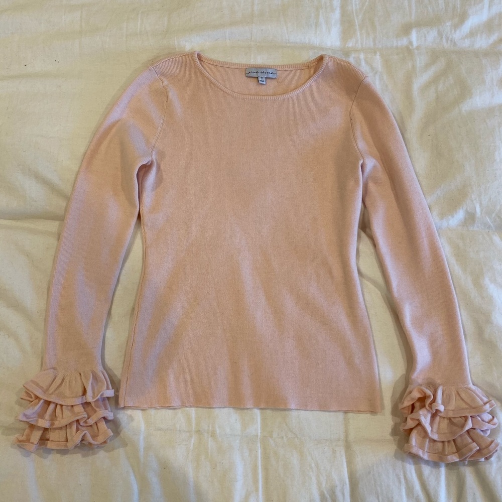 Blush pink sweater with ruffle sleeve